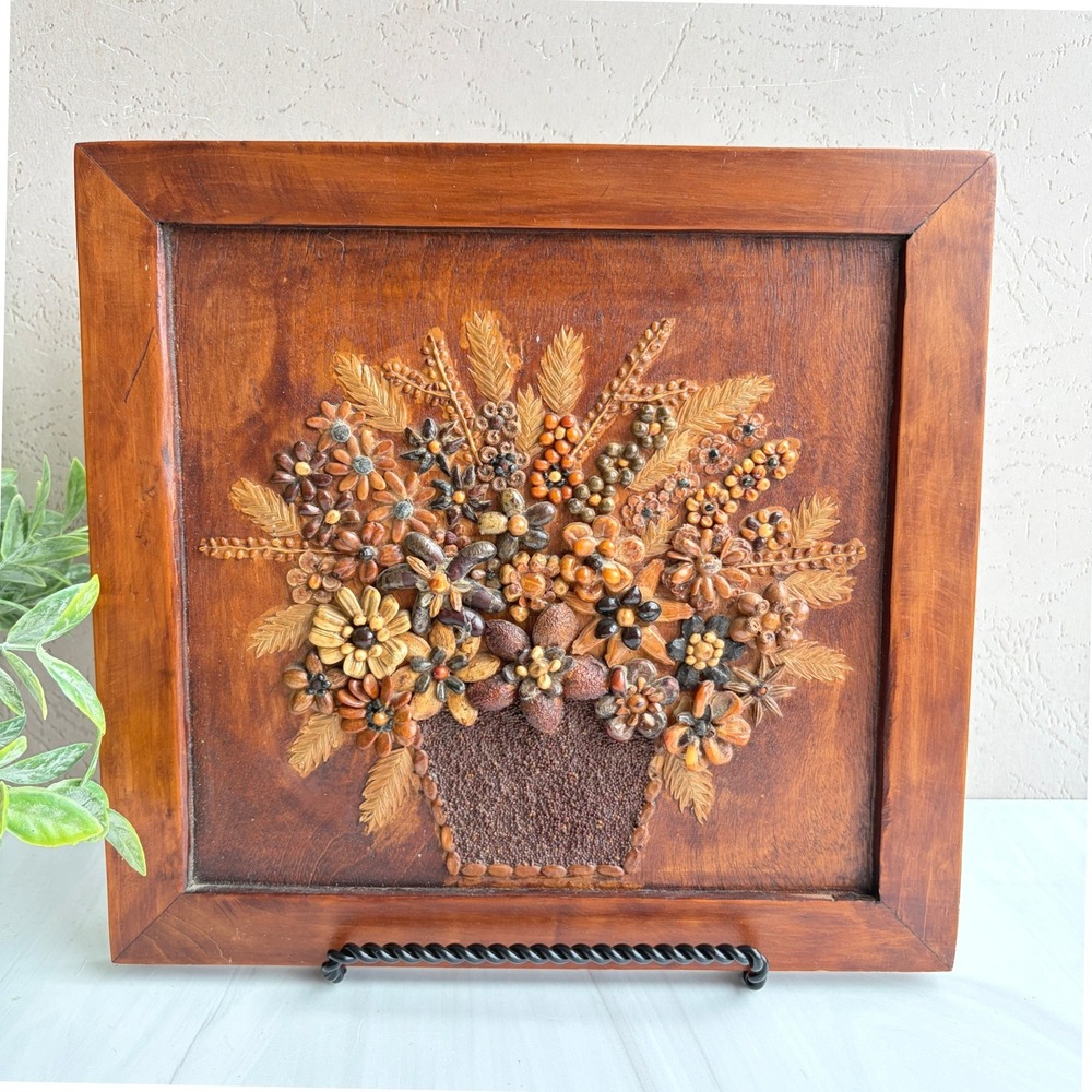 Vintage Handmade Seed Art Floral Mosaic Wood Framed Folk Art 11x11
